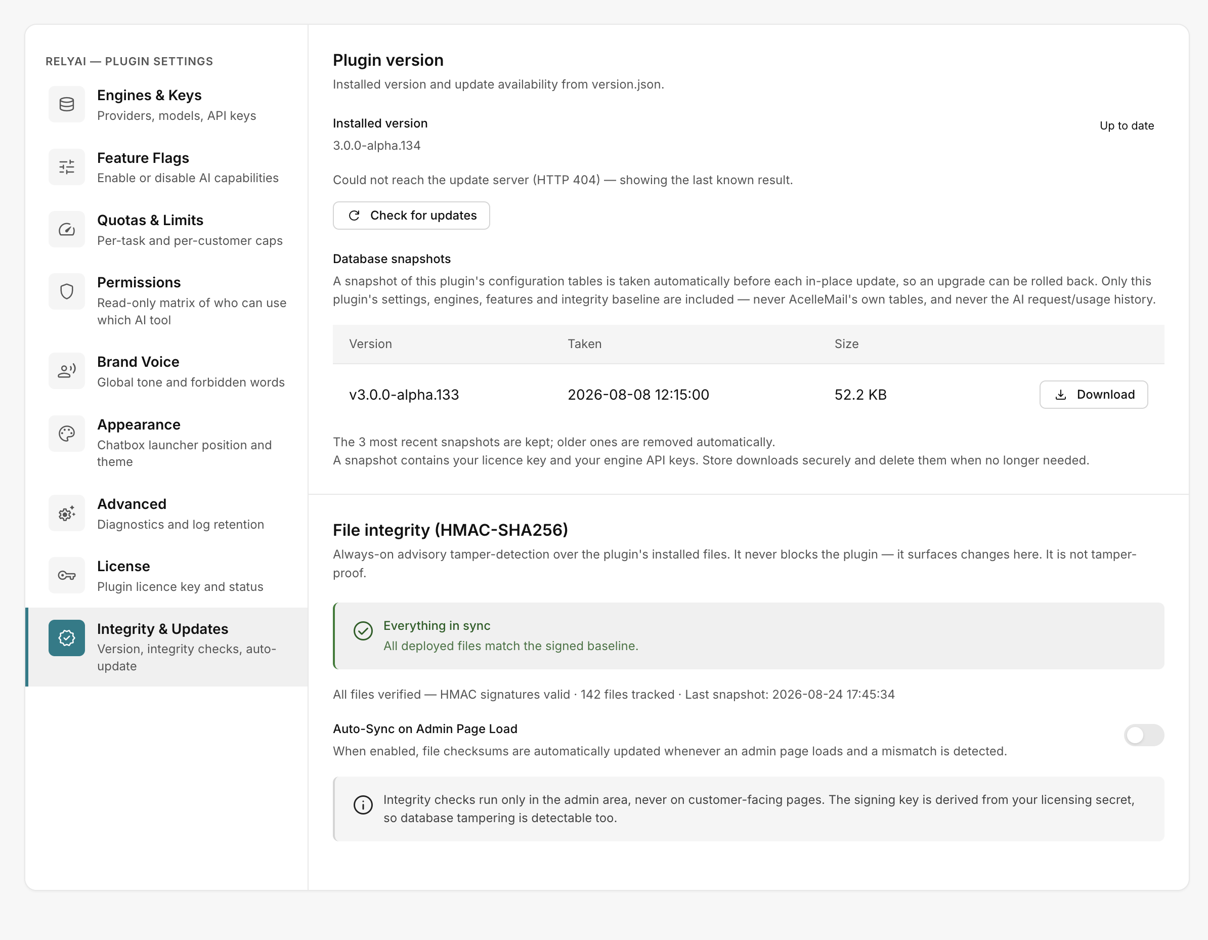 Database snapshots on the Integrity & Updates tab