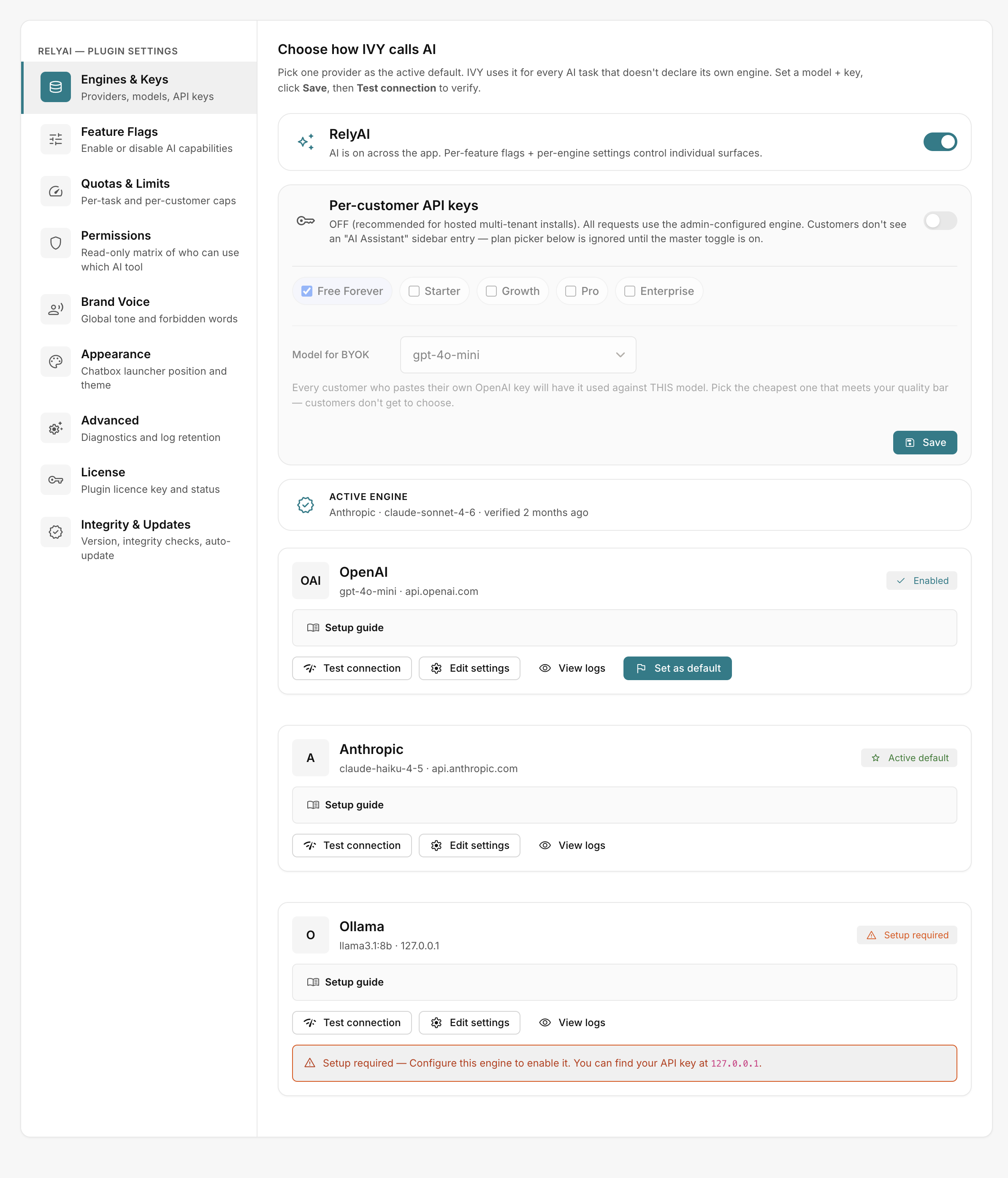 The Engines & Keys settings tab