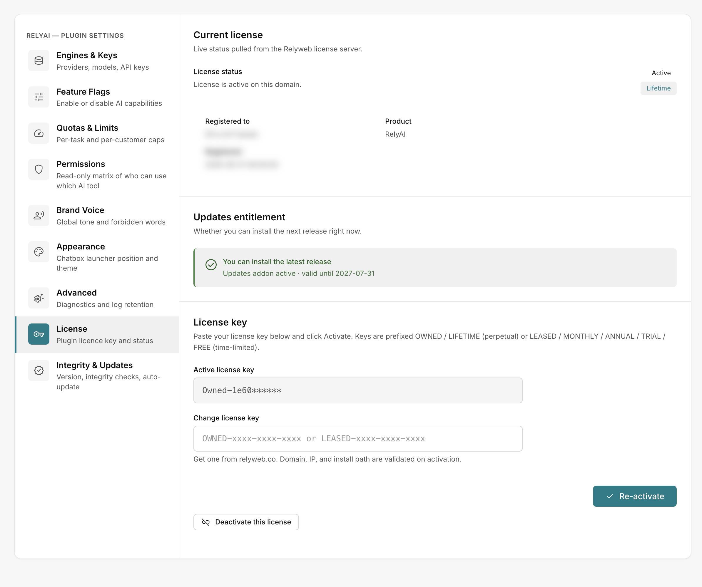 The License settings tab